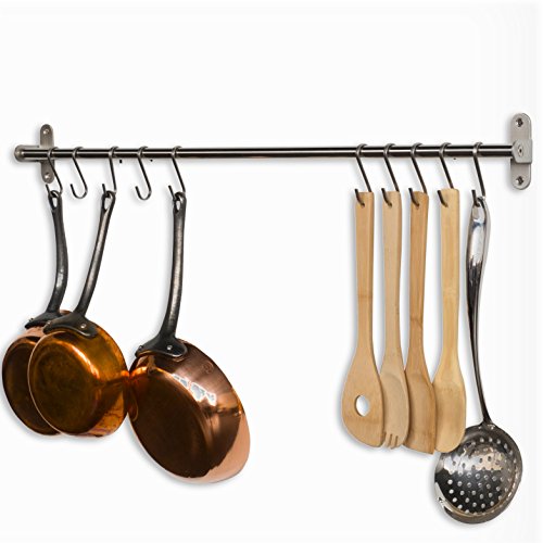 Wallniture Lyon Gourmet Kitchen Wall Mount Rail and 10 Hooks Stainless Steel Pot Pan Lid Holder Rack 31.5 Inch