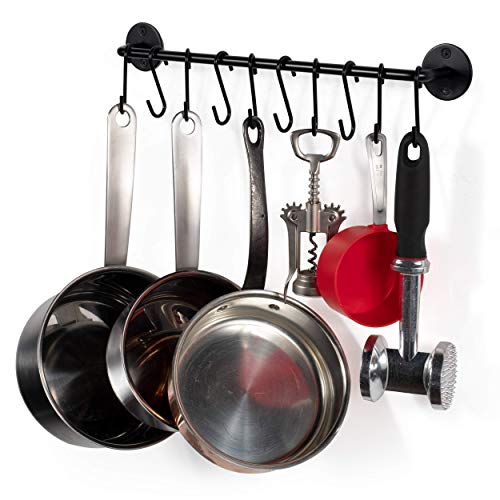 Wallniture Gourmet Kitchen Rail Pot Pan Lid Organizer Rack with 10 Hooks Black 16” Inch