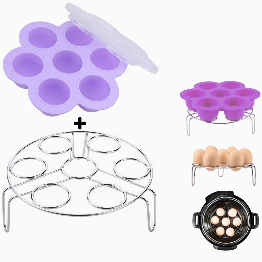 Purple Silicone Egg Bites Molds With Stainless Steel Egg Steamer Rack for Instant Pot Accessories, Pressure Cooker Food Steamer, Vegetable Steam Rack Stand and Reusable Storage Container
