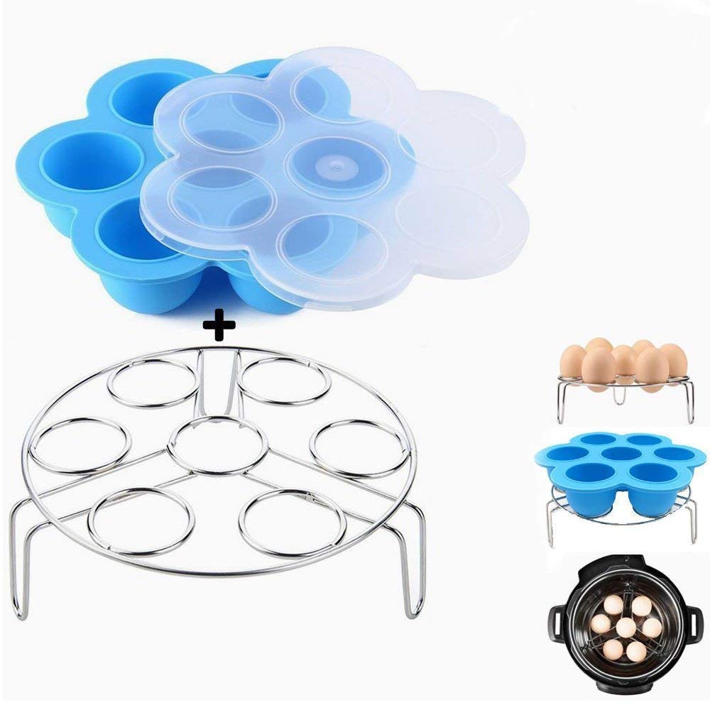 Kspowwin Silicone Egg Bites Molds With Stainless Steel Egg Steamer Rack for Instant Pot Accessories Fits Instant Pot 5/6/8 qt Pressure Cooker, Blue