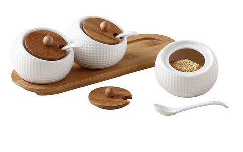 Alwaysuc Modern Design Porcelain Jar, Ceramic Serving Spoon, Bamboo Tray Perfect Canister for Sugar Bowl Serving Tea, Coffee, Spice Best Pottery Cruet Pot for Your Home, Kitchen, Counter.