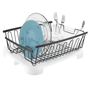 mDesign Large Kitchen Countertop, Sink Dish Drying Rack with Removable Cutlery Tray and Drainboard with Swivel Spout - Set of 2 - Matte Black Wire Drainer/Clear Frost Cutlery Caddy & Drainboard