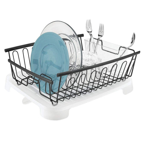 mDesign Large Kitchen Countertop, Sink Dish Drying Rack with Removable Cutlery Tray and Drainboard with Swivel Spout - Set of 2 - Matte Black Wire Drainer/Clear Frost Cutlery Caddy & Drainboard