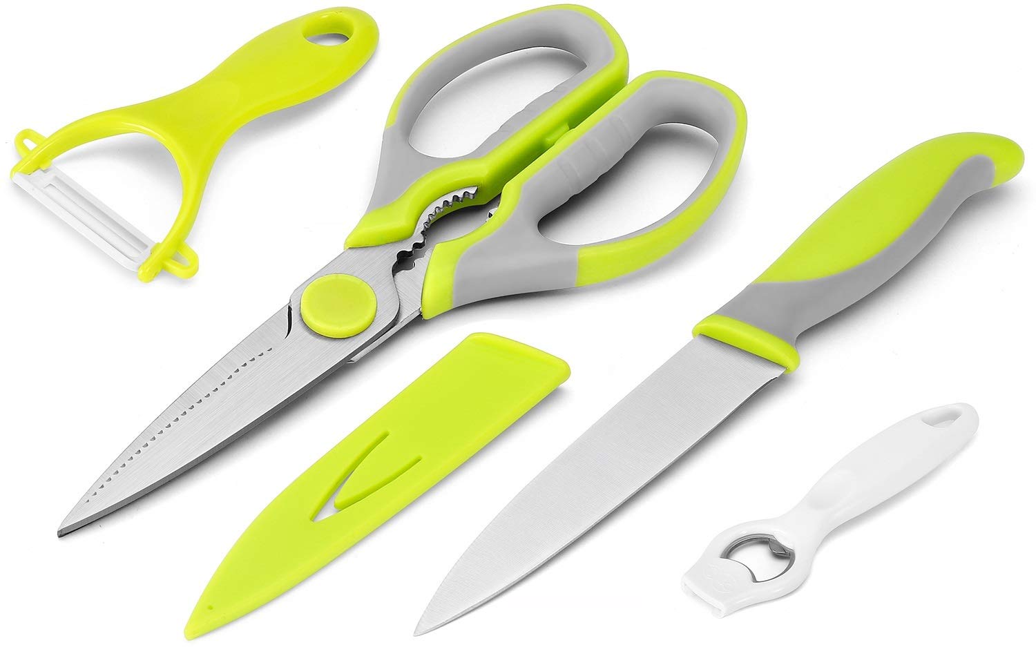 Kitchen Scissors 4 Pieces Set WELLSTAR, Heavy Duty Multi-Purpose Food Shears, Ultra Sharp Utility Knife with Safety Blade Cover, Ceramic Peeler and Bottle Opener, Small Kitchen tools Set of 4