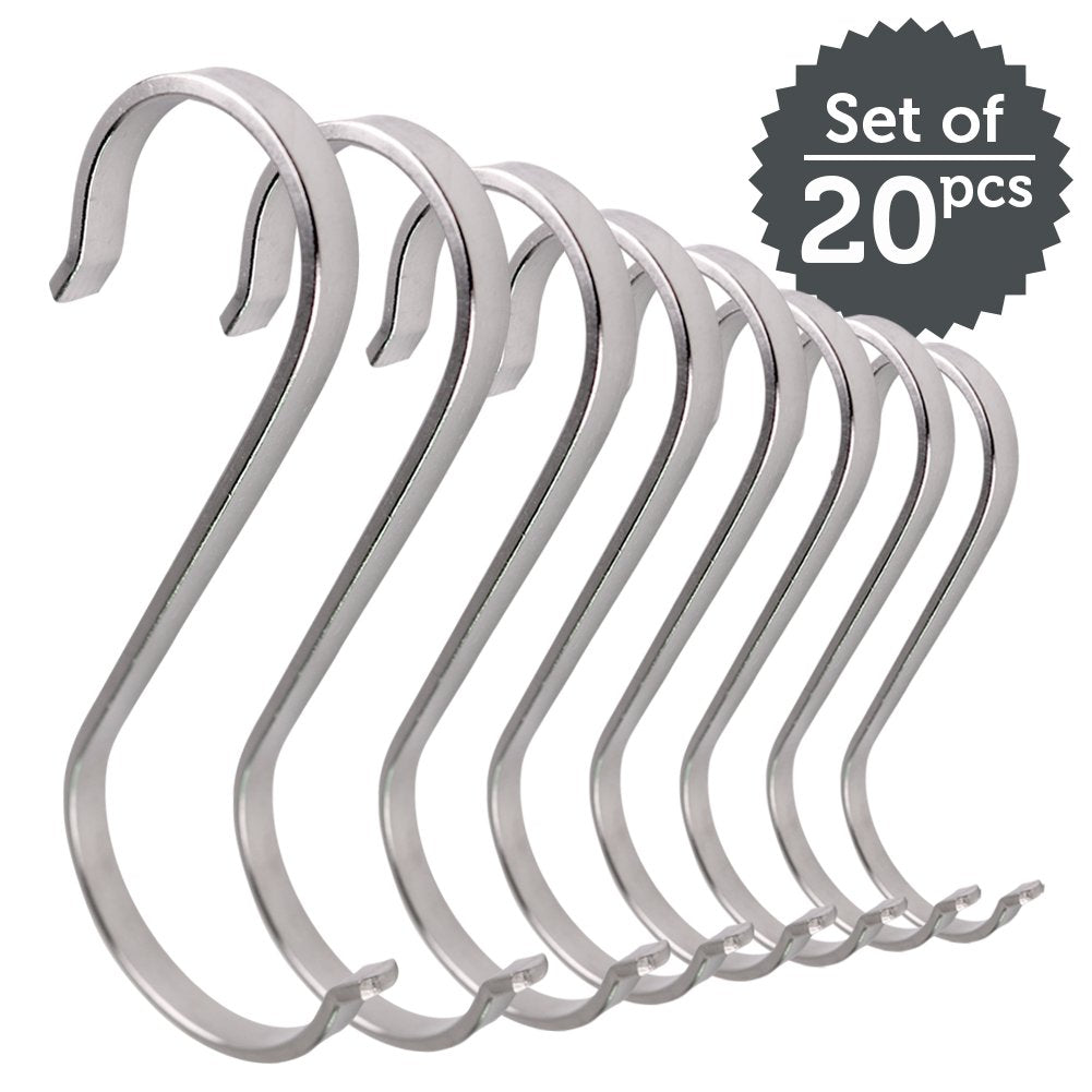 Smart S Hook | 20pcs Heavy Duty Flat S Shaped Hooks Wall Mount Organizer Tools Holder S-Hook Pot and Pans Hangers Rustproof Stainless Steel Kitchen Garage Storage Hanging Rack | Silver | 1407.2