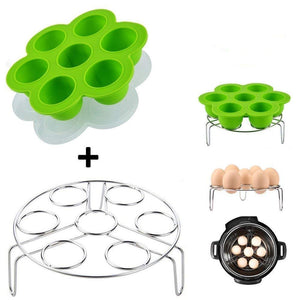 Lakatay One Green Silicone Egg Bites Molds with One Stainless Steel Egg Steamer Rack for Instant Pot Reusable Storage Container (1 Set)