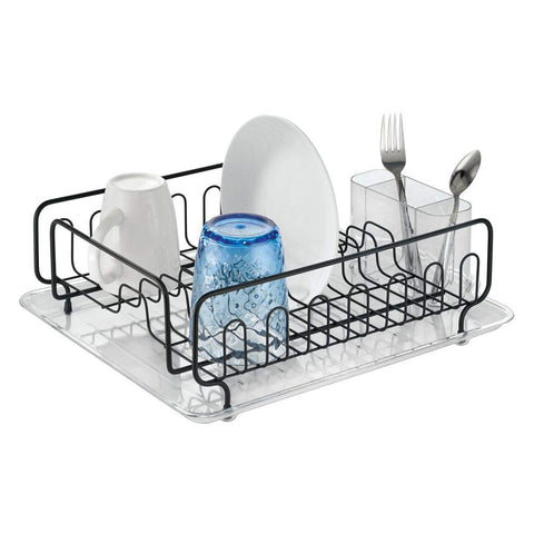 mDesign Large Modern Metal Wire Kitchen Dish Drainer Drying Rack with Plastic Cutlery Caddy and Drainboard for Sink or Countertop - Clear/Matte Black