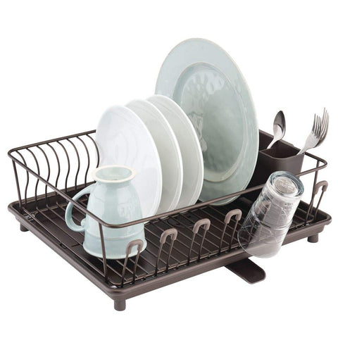 mDesign Large Metal Kitchen Countertop, Sink Dish Drying Rack - Removable Plastic Cutlery Tray, Drainboard with Adjustable Swivel Spout - 3 Pieces - Bronze