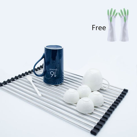 Roll-Up Dish Drying Rack, HKYUSHINE Multipurpose Over the Sink Compact Stainless Steel Dish Rack, 17.7L x 11W Inches Black