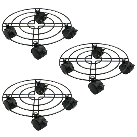 Moutik 3 Pack Round Plant Caddy, Metal Plant Stand on Roller Patio Flower Pot Rack Plant Holder with Lockable Omnidirectional Wheels Indoor/Outdoor Black