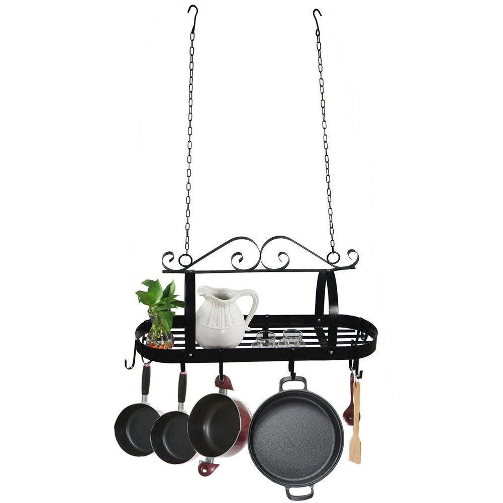 Wall Mount Iron Pot Pan Lid Rack Hanging Holder Gripper Organizer Hanger Storage Shelf w/ 8 Hooks Black for Ladles Cookware Kitchenware Utensil Kitchen Book Bathroom | Steel Durable Grid Multipurpose