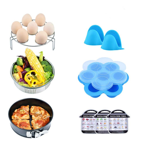 Pressure Cooker Accessories Kit: 7 Pieces - Compatible with 6,8 Qt Instant Pot - Springform Cake Pan/Steamer Basket Inserts/Egg Steamer Rack/Silicone Egg Bites Molds/Oven Mitts/Dish Clip Food Tongs