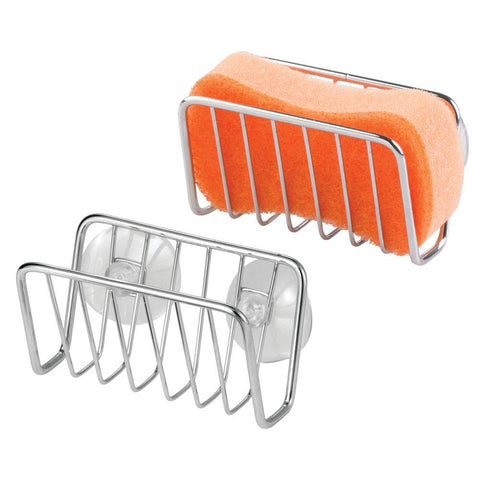 mDesign Metal Farmhouse Kitchen Sink Storage Organizer Caddy - Small Holder for Sponges, Soaps, Scrubbers - Quick Drying Open Wire Basket Design with Strong Suction Cups - 2 Pack - Chrome