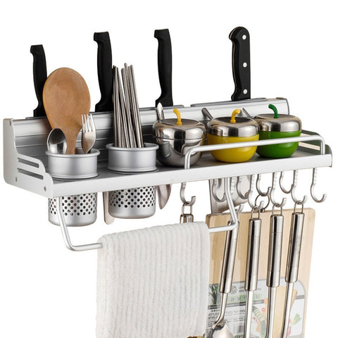 Wall Mounted Pot Pan Rack Multifunctional 6-in-1 Kitchen Bookshelf Storage Rack with Bottle Rack Silverware Caddy Cutlery Blocks Hanger Hooks Pot Organizers Space Aluminum (31inch 3Cups 10Hooks)