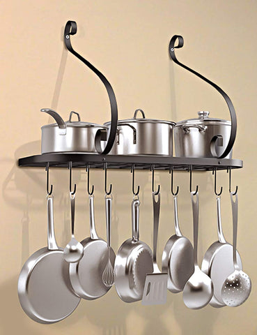 VDOMUS Kitchen Pot Pan Rack Shelf Wall Mounted Utensil Holder Hanger Bar with 10 Hooks, 24"x 10" Red