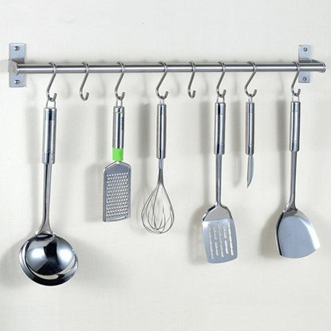 haoun Stainless Steel Kitchen Wall Rail + 8 S Hooks Hanger Set Utensil Pot Pan Lid Rack Storage Organizer