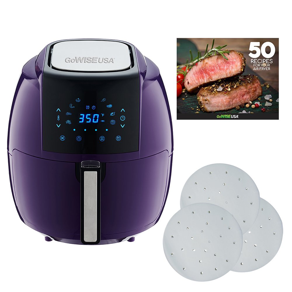 GoWISE USA 5.8-Quarts 8-in-1 Air Fryer XL with 1-Pack of Parchment Paper + 50 Recipes for your Air Fryer Book (Plum)