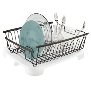 mDesign Large Kitchen Countertop, Sink Dish Drying Rack with Removable Cutlery Tray and Drainboard with Swivel Spout - Set of 2 - Bronze Wire Drainer/Clear Frost Cutlery Caddy & Drainboard