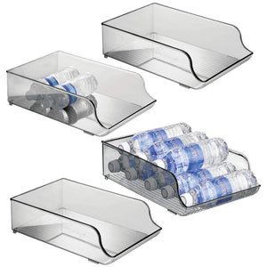 mDesign Wide Plastic Kitchen Water Bottle Storage Organizer Tray Rack - Holder and Dispenser for Refrigerators, Freezers, Cabinets, Pantry, Garage - 4 Pack - Smoke Gray