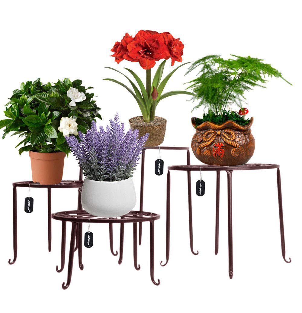 AISHN Metal Plant Stand 4 in 1 Potted Irons Planter Supports Floor Flower Pot Round Rack Display with Scroll Pattern Perfect for Home, Garden, Patio