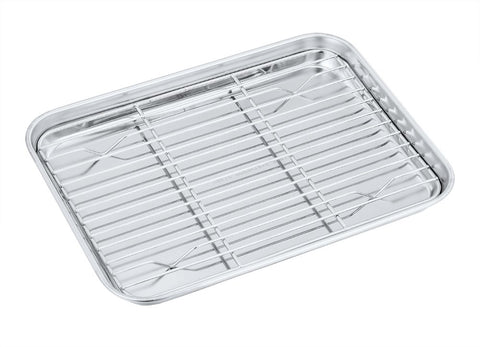 Toaster Oven Pan with Rack Set, P&P CHEF Stainless Steel Broiler Pan with Cooling Rack, Mini Rectangle 9’’x 7’’x1’’, Non Toxic & Heavy Duty, Mirror Finish & Dishwasher Safe