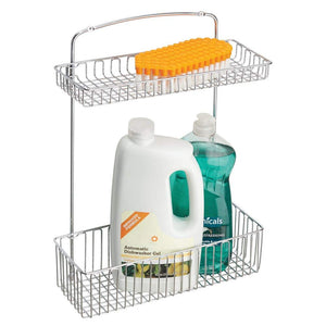 mDesign Metal Farmhouse Wall Mount Kitchen Storage Organizer Holder or Basket - Hang on Wall, Under Sink, or Cabinet Door in Kitchen/Pantry - Holds Dish Soap, Window Cleaner, Sponges - Chrome