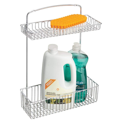 mDesign Metal Farmhouse Wall Mount Kitchen Storage Organizer Holder or Basket - Hang on Wall, Under Sink, or Cabinet Door in Kitchen/Pantry - Holds Dish Soap, Window Cleaner, Sponges - Chrome