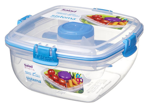 Sistema To Go Collection Salad Food Storage Container, 37 oz./1 L, Clear/Blue