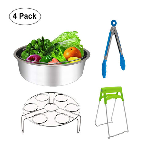 Steamer Basket Stainless Steel for Instant Pot Accessories 6 /8qt Pressure Cooker with Egg Steamer Rack,Bowl Dish Clip, Silicone Kitchen Tong- 4 Pieces