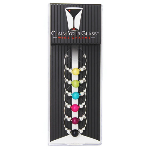 VIBRANT Wood bead Wine Glass Charms (Set of 6) by Claim Your Glass - Premium Drink markers for stemmed Wine, Champagne, Martini Glasses - Includes Storage Case + BONUS Velveteen Bag (SILVER)