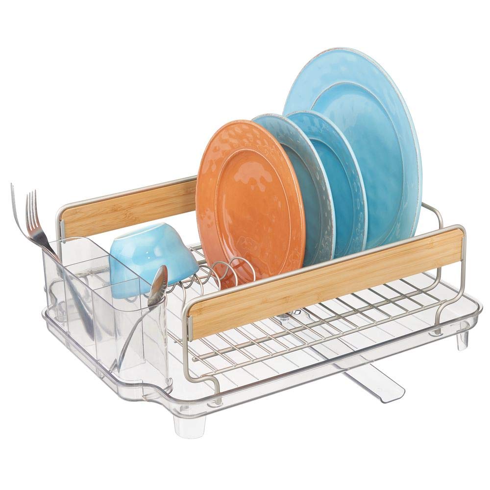 mDesign Large Kitchen Countertop, Sink Dish Drying Rack with Bamboo Wood Accents - Removable Cutlery Tray & Drainboard with Adjustable Swivel Spout - 3 Pieces, BPA Free Cutlery Caddy, Satin/Clear