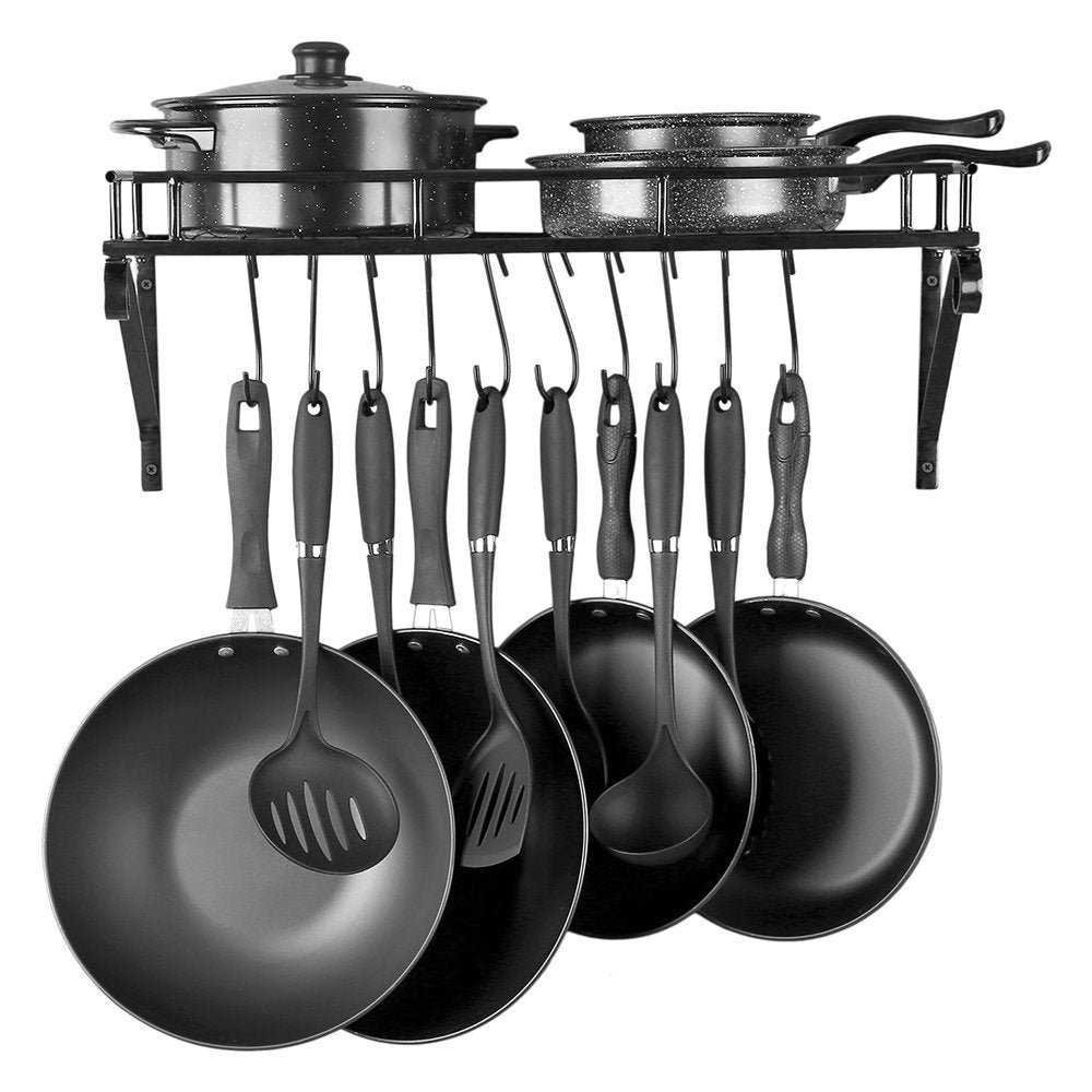 Kitchen Wall Mounted Pot Rack,Pan Lid Shelf,Cookware Storage With 10 Hooks,Black