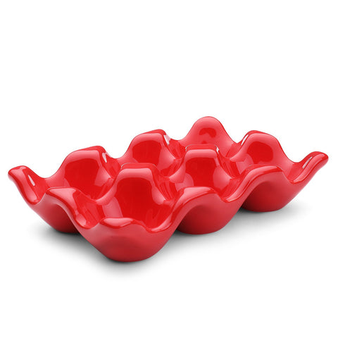 Flexzion Ceramic 6 Cups Egg Tray - Half Dozen Porcelain Egg Holder Container Keeper Storage Organizer Decorative Serving Dish Plate for Refrigerator Fridge Countertop Display Kitchen Home (Red)