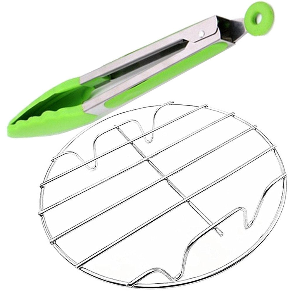 Baking Cooling Steaming Rack 7inch Stainless Steel and Silicone Kitchen Utility Tong Green 9inch(with Ring Pull Locking) for Air Fryer Instant Pot Pressure Cooker Tool