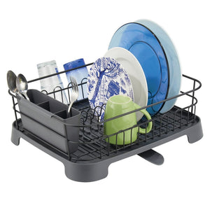mDesign Large Kitchen Countertop, Sink Dish Drying Rack with Removable Cutlery Tray and Drainboard with Adjustable Swivel Spout - 3 Pieces, Black Wire/Slate Gray Plastic Cutlery Caddy and Drainboard