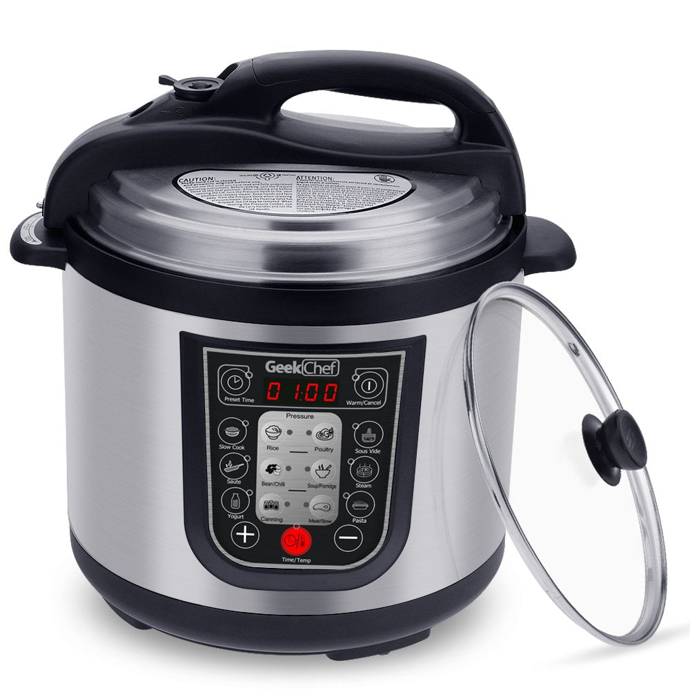 GeekChef 6QT Premium 11-in-1 Programmable Multi-Cooker(Pressure Cooker,Rice Cooker,Slow Cooker,Steamer,Warmer,Sous Vide,Etc.)1000W,Includes Stainless Steel Inner Pot,Sealing Ring and Recipe Book.