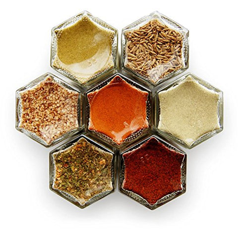 MEXICAN KIT: 7 Magnetic Jars FILLED with ORGANIC Herbs and Spices. Spice Storage Solution / Hanging Spice Rack / Kitchen Space Saver. (Silver Lids)