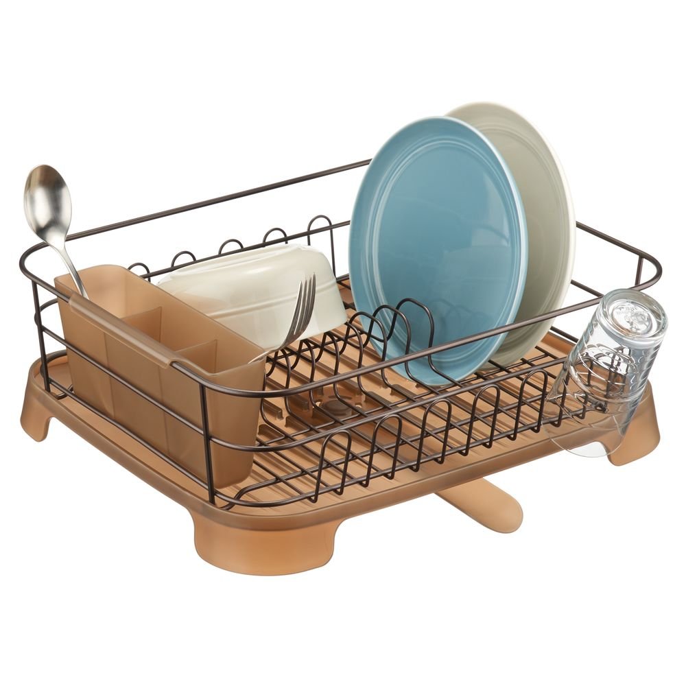 mDesign Large Kitchen Countertop, Sink Dish Drying Rack with Removable Cutlery Tray and Drainboard with Adjustable Swivel Spout - 3 Pieces, Bronze Wire/Amber Plastic Cutlery Caddy and Drainboard