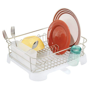 mDesign Large Kitchen Countertop, Sink Dish Drying Rack with Removable Cutlery Tray and Drainboard with Adjustable Swivel Spout - 3 Pieces, Satin Wire/Clear Frost Plastic Cutlery Caddy & Drainboard
