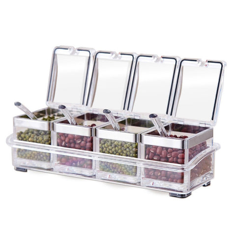 Tenta Kitchen Gourmet Acrylic Seasoning Box - Premium Quality Pure Acrylic Container and Case- 18/8 Stainless Steel Ring - 4 Serving Spoons -Luxurious Condiment Cruet Bottle, Spice Jar Set