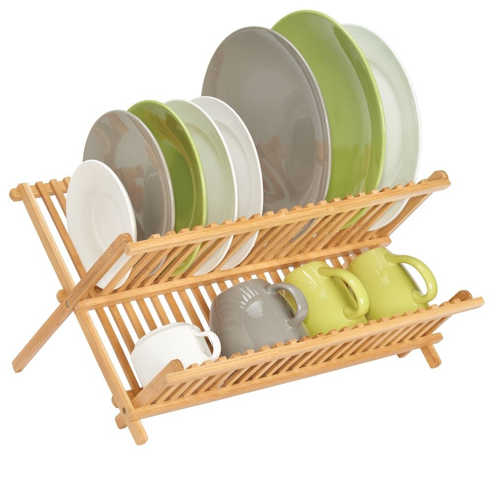mDesign 100% Bamboo Kitchen Countertop, Sink Dish Drying Rack - Extra Large Capacity, 2 Tiers with 20 Holding Slots for Plates, Bowls, Cups and Mugs - Foldable and Collapsible - Natural Wood Finish