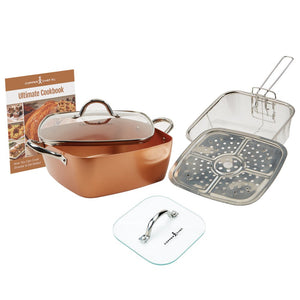 Copper Chef Casserole Pan Set: 4-Piece XL 11” Casserole Pot w/Glass Lid, Fry Basket, Steam & Roasting Rack & Glass Press Lid Set| Nonstick Cooking Pan Set Including Cookbook With Recipes |Top Giftin