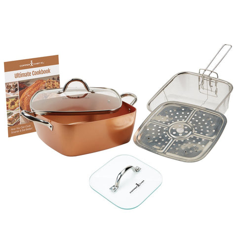 Copper Chef Casserole Pan Set: 4-Piece XL 11” Casserole Pot w/Glass Lid, Fry Basket, Steam & Roasting Rack & Glass Press Lid Set| Nonstick Cooking Pan Set Including Cookbook With Recipes |Top Giftin