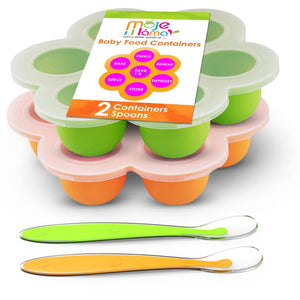 Best Homemade Baby Food Storage Container Freezer Trays - Reusable Food Container Silicon Tray With Clip On Lid - 2 Pack Bundle With 2 Bonus Spoons - BPA Free FDA Approved 2.6 Ounce - Green & Orange