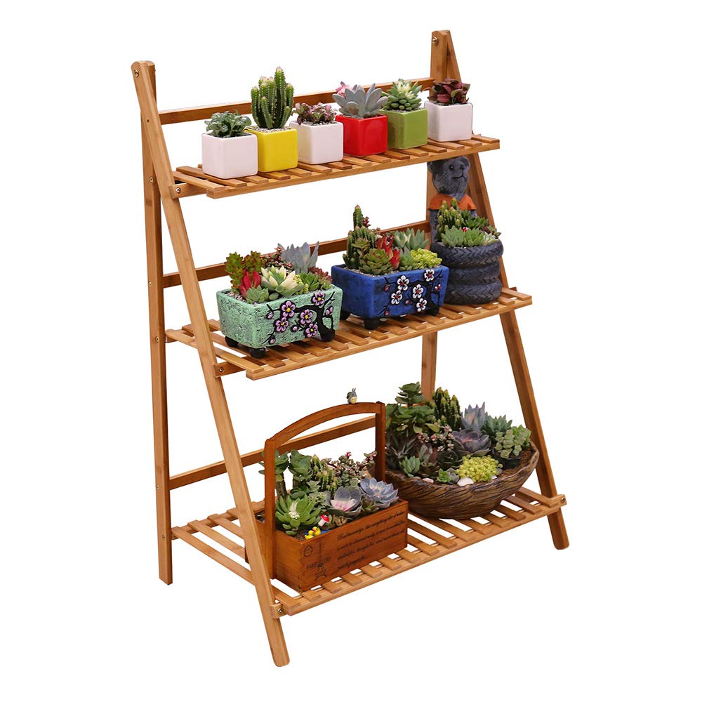 Ufine Bamboo Ladder Plant Stand 3 Tier Foldable Flower Pot Display Shelf Rack for Indoor Outdoor Home Patio Lawn Garden Balcony Organizer Planter Holder