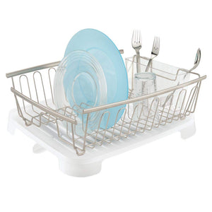 mDesign Large Kitchen Countertop, Sink Dish Drying Rack with Removable Cutlery Tray and Drainboard with Swivel Spout - Set of 2 - Satin Wire Drainer/Clear Frost Cutlery Caddy & Drainboard