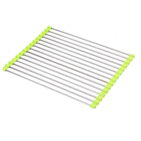 Keledz Over the Sink Roll-Up Dish Drying Rack Multipurpose Dish Drainer Mat Foldable Kitchen Counter Strainer Fruits and Vegetable Rinser - Durable Silicone Covered Stainless Steel, Warm Green