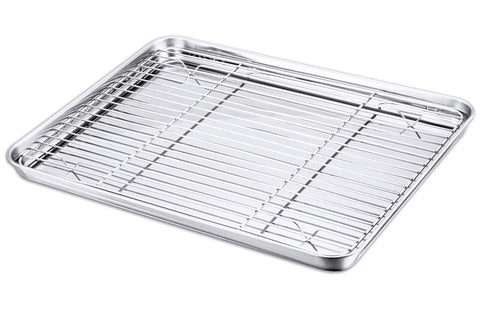 Baking Sheet and Rack Set, P&P CHEF Stainless Steel Cookie Sheet Baking Pan Tray with Cooling Rack, Non Toxic & Healthy, Rust Free & Dishwasher Safe