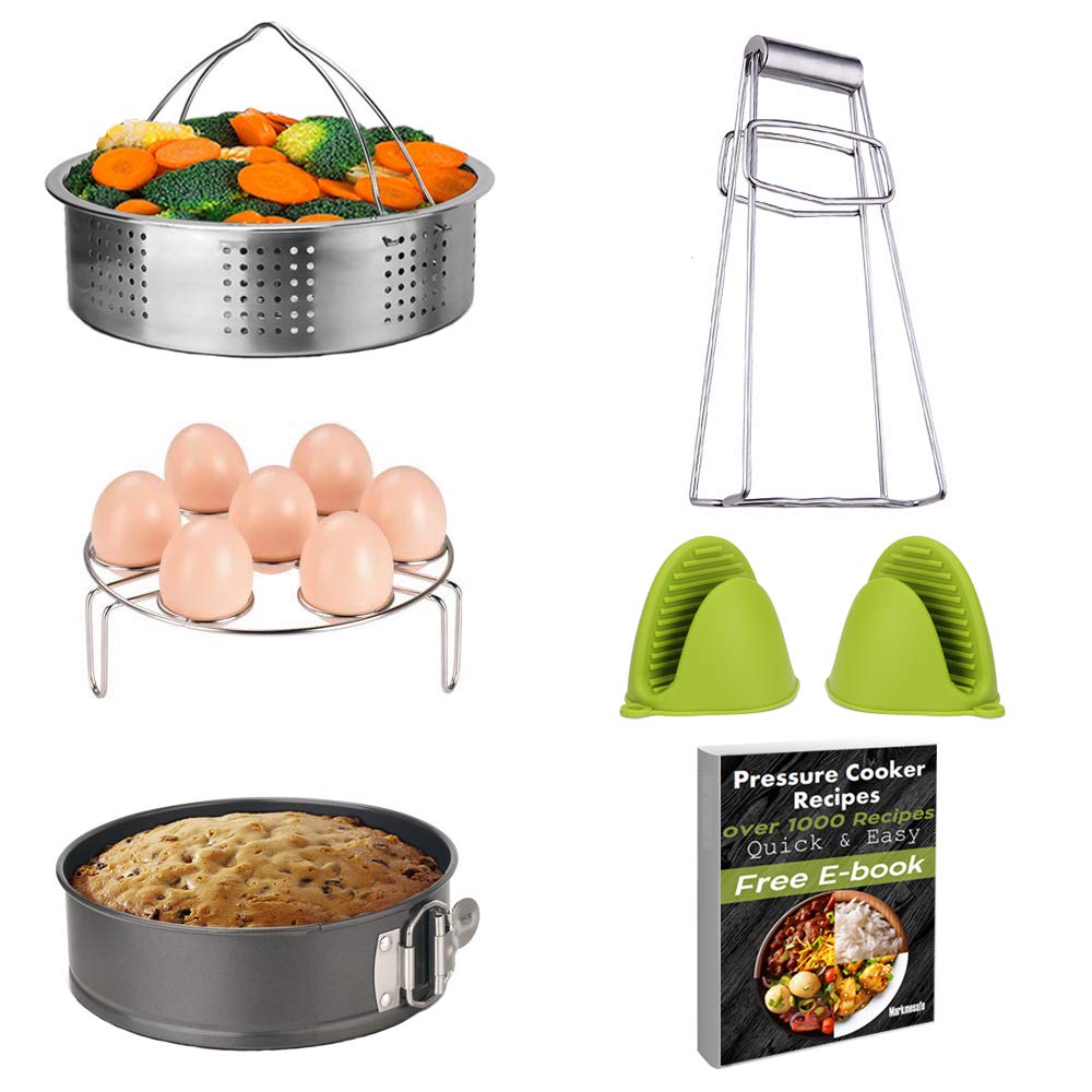 Instant Pot Accessories Set Pressure Cooker 6 PCS-Fits 5,6,8 Quart(Qt) - Steamer Basket, Non-stick Spring-form Pan, Egg Steamer Rack, Bowl Clip, 1 Pair Silicone Cooking Pot Mitts, Free Recipe E-book