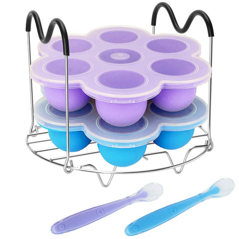 Pressure Cooker Accessories with Silicone Egg Bites Molds and Steamer Rack Trivet with Heat Resistant Handles for Instant Pot Accessories 6 Qt 8 Quart, 3 Pcs with 2 Bonus Spoons (Blue & Purple)